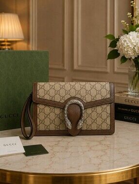 Gucci Beige/Brown GG Supreme Dionysus Wristlet Clutch